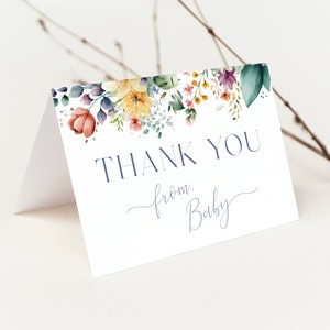 Modèle de carte de remerciement pour baby shower, fleurs sauvages à imprimer, carte de remerciement Baby shower fleurs sauvages printemps été, LLP62