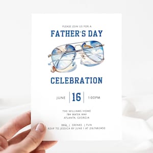 Fathers Day Celebration Invitation, Aviator Sunglasses, Blue Display and Black Fonts. White Background. 5x7. Editable Printable. Instant Download. Print or Send Digitally.