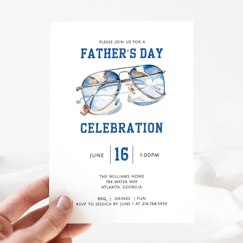 Fathers Day Celebration Invitation, Aviator Sunglasses, Blue Display and Black Fonts. White Background. 5x7. Editable Printable. Instant Download. Print or Send Digitally.