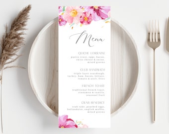 Menu Card Template, Bridal Shower Menu Floral, Brunch Menu Printable, Wedding Menu Editable, Bright Pink Event Menu, Instant Download, LLP29