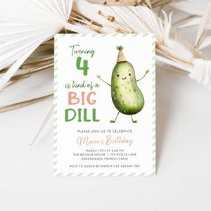 A Big Dill Pickle Theme Birthday Party Invitation. Watercolor Pickle wearing a party hat. Green, Pink and Black Fonts. White Background. Print or Send Digitally. 5x7