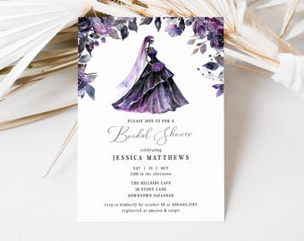 Könnte beinhalten: Lila und schwarze Einladung zur Brautparty mit einer Aquarell-Illustration einer Skelettbraut, die einen Schleier und ein Kleid trägt. Der Text lautet "Bitte schließen Sie sich uns zu einer Brautparty an, die Jessica Matthews feiert Sa 31 Okt 1:00 Uhr nachmittags The Hillside Cafe 18 Stony Lane Downtown Savannah rsvp an Kimberly bis zum 10. Oktober unter 320.645.1787 registriert bei amazon & target"