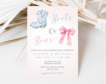 Cowboy Gender Reveal Invite, Boots Or Bows Gender Reveal Template, Boots Or Bows Baby Shower, Digital Gender Reveal Pink Or Blue, LLP188