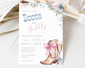 Cowgirl Bridal Shower Invite Template, Boots and Bubbly Bridal Shower, Western Bridal Shower Editable Digital Invite, Cowboy Boots, LLP219