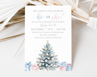 May include: A gender reveal party invitation featuring a watercolour illustration of a Christmas tree adorned with blue and pink baubles. The text reads "Will Santa's little helper be he or she?" and includes the date, time, and location of the event. RSVP details are also provided.