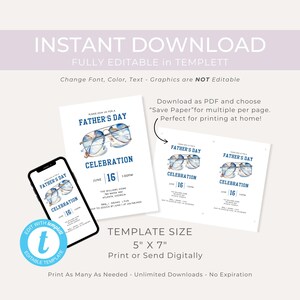 Fathers Day Celebration Invitation, Aviator Sunglasses, Blue Display and Black Fonts. White Background. 5x7. Editable Printable. Instant Download. Print or Send Digitally.