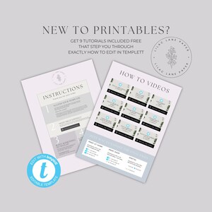 Puede incluir: Una plantilla imprimible con instrucciones sobre c&oacute;mo acceder y editar la plantilla en Templett. La plantilla incluye una lista de v&iacute;deos explicativos e instrucciones sobre c&oacute;mo exportar el archivo final. La plantilla est&aacute; dise&ntilde;ada con un esquema de color azul claro y blanco y presenta un dise&ntilde;o floral.