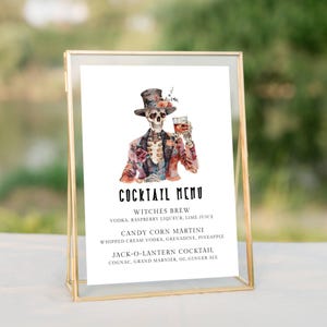 Halloween Drink Menu Sign Template. Skeleton Wearing Tuxedo and Top Hat drinking bourbon. Black Fonts. White Background. 5x7, 8x10