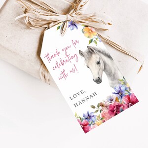 Pferde-Geburtstags-Party Favor Tag, bearbeitbare Pferde Favor Tags druckbare Vorlage, Saddle Up Favor Tag, Floral Reiter Girl Party Tag, LLP102