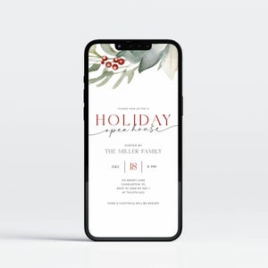 Holiday Open House Party Invitation. Watercolor Christmas Greenery and Berries. Red and Black Fonts. White Background. Print or Send Digitally. 5x7