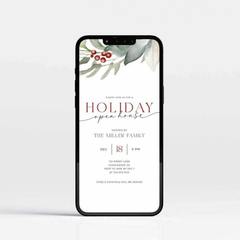 Holiday Open House Party Invitation. Watercolor Christmas Greenery and Berries. Red and Black Fonts. White Background. Print or Send Digitally. 5x7