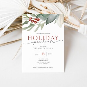Holiday Open House Party Invitation. Watercolor Christmas Greenery and Berries. Red and Black Fonts. White Background. Print or Send Digitally. 5x7
