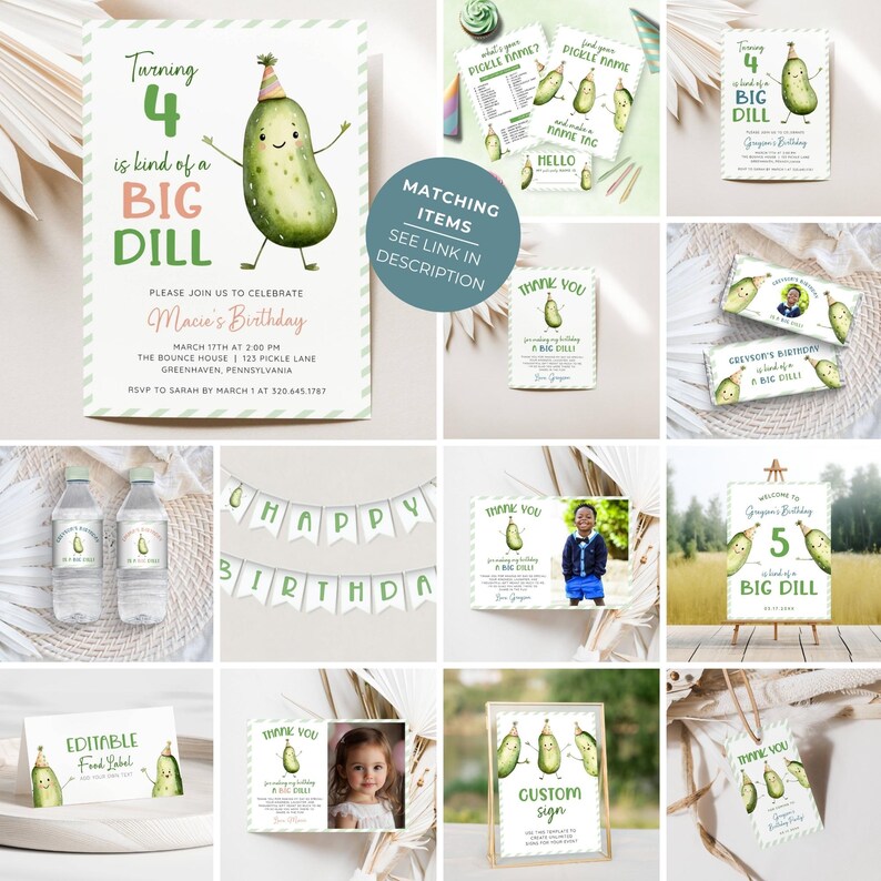 Dill Pickle Theme Birthday Templates. Invitations, Thank You Card, Favor Tag, Name Game, Water Bottle Label, Food Label, Custom Sign, Welcome Sign, Chocolate Bar Wrapper. Watercolor Pickles in Party Hats. Green Display Font. White Background.