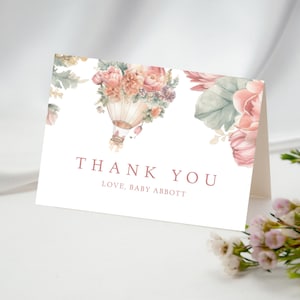 Afdrukbare bedankkaart, bedankkaartje voor babymeisje, bedankkaarten babyshower, roze heteluchtballon, bedankt, instant download, LLP69