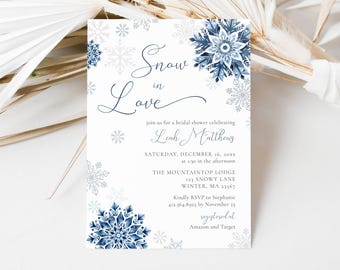 May include: A white invitation card with blue snowflake designs. The text reads "Snow in Love" and includes details for a bridal shower celebrating Leah Matthews. The event is scheduled for Saturday, December 16th at 1:30 PM at The Mountaintop Lodge, 123 Snowy Lane, Winter, MA 23367. RSVP by November 25th to Stephanie at 412.564.8923. The registry is at Amazon and Target.