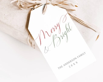 Personalized Christmas Gift Tag Merry and Bright Template, Minimal Holiday Gift Tag Red and Green, Editable Christmas Tag, LLP39