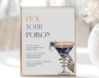 Halloween Cocktail Bar Menu, Pick Your Poison Signature Drinks Party Sign, Skeleton Martini Bar Editable Printable Template, LLP251