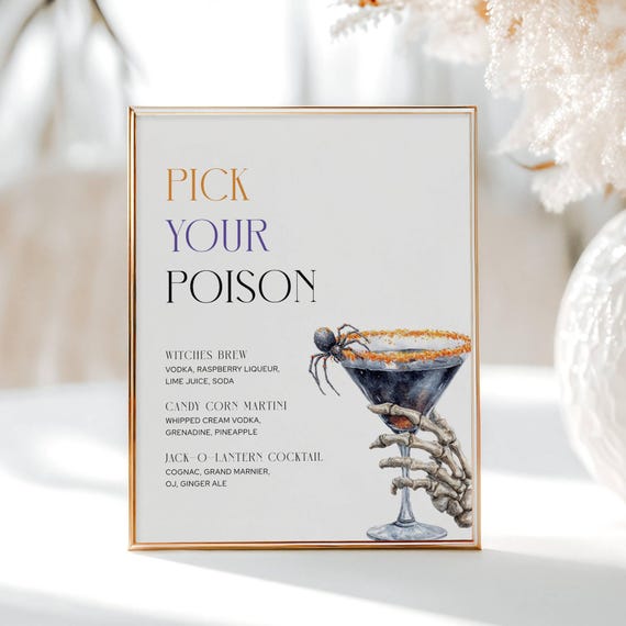 Halloween Cocktail Bar Menu, Pick Your Poison Signature Drinks Party Sign, Skeleton Martini Bar Editable Printable Template, LLP251