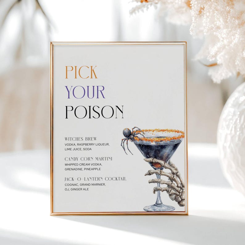 Halloween Party Cocktail Menu. Skeleton Hand Holding Martini with Spider Crawling on Rim. Purple, Orange and Black Fonts. White Background. 5x7 and 8x10.