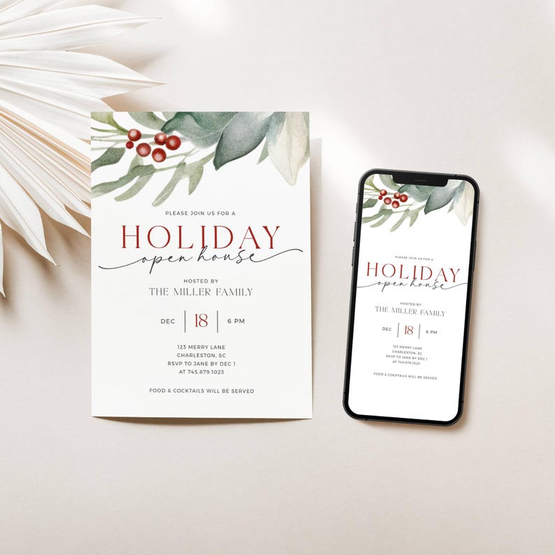 Holiday Open House Party Invitation. Watercolor Christmas Greenery and Berries. Red and Black Fonts. White Background. Print or Send Digitally. 5x7