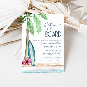 Baby On Board Baby Shower Invitation, Editable Surf Board Beach Baby Shower Invite, Surf Baby Shower, Summer Baby Shower Template, LLP111