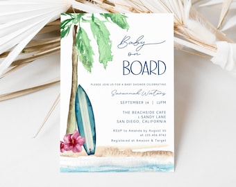 Invitación para baby shower "Bebé a bordo", invitación editable para baby shower de playa con tabla de surf, baby shower de surf, plantilla para baby shower de verano, LLP111