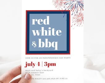 Modèle d'Invitation fête du 4 juillet, 4 juillet sur invitation modifiable, barbecue rouge et bleu, fête de l'indépendance en téléchargement numérique modifiable, LLP91