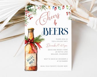 Christmas Beer Party Invite Template, Cheers and Beers Invite Digital, Editable Holiday Cocktail Party Invite, Adult Christmas Party, LLP157
