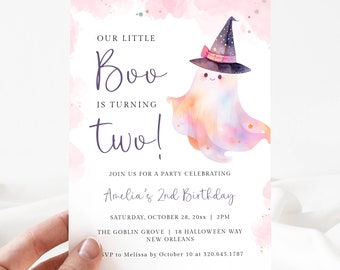 Our Little Boo Is Turning Two Invite, Halloween 2nd Birthday Invitation Template, Pink Girl Second Birthday Halloween Invitation, LLP122