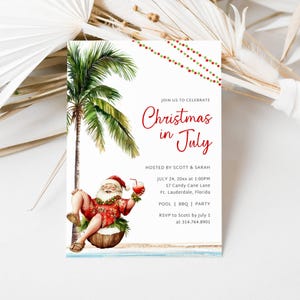 Weihnachten im Juli Party Einladung Digital, Tropical Beach Sommer Urlaub, bearbeitbare Vorlage Sofort-Download, Santa mit Sonnenbrille, LLP117