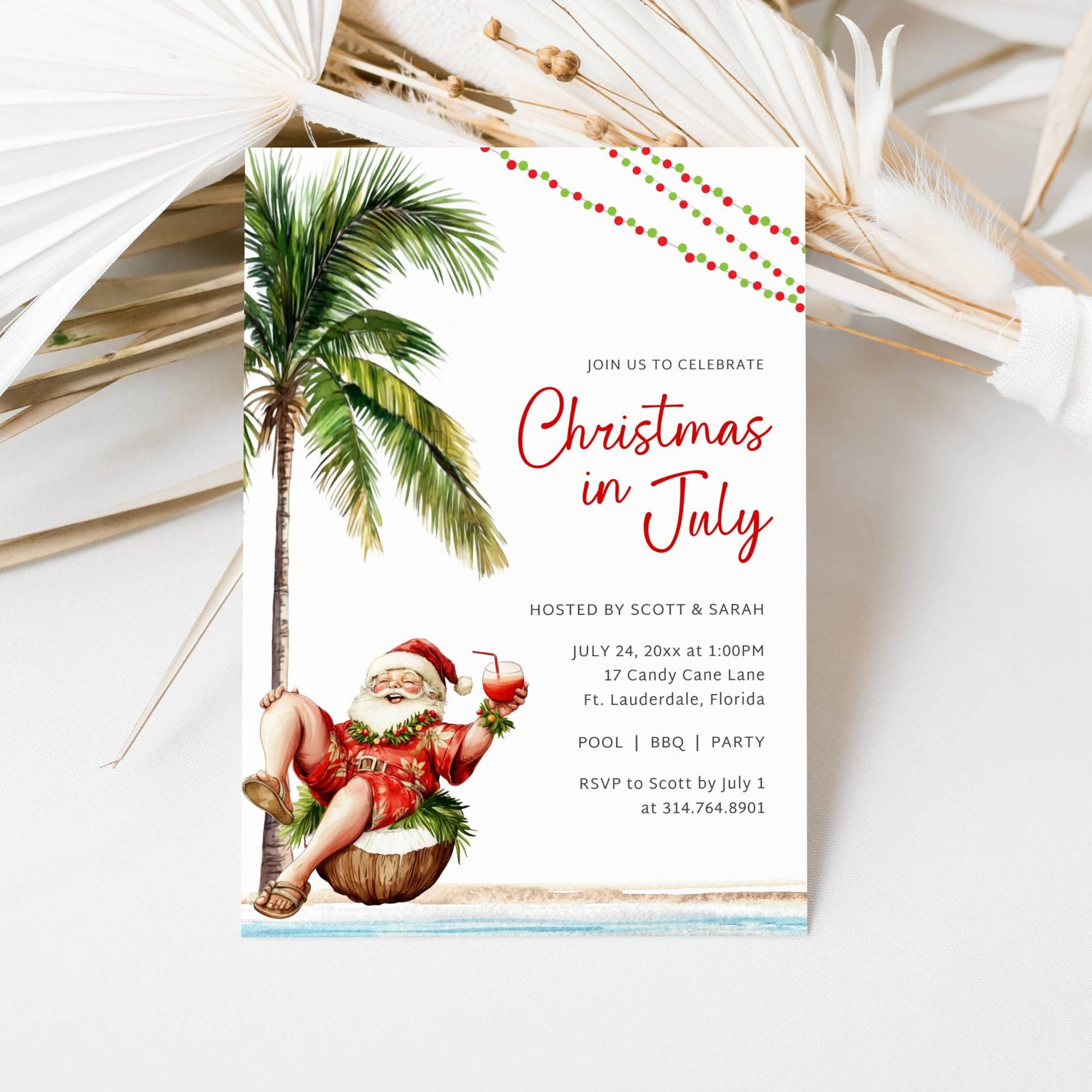 Christmas in July Party Invitation Digital, Tropical Beach Summer Holiday, Editable Template Instant Download, Santa With Sunglasses, LLP117