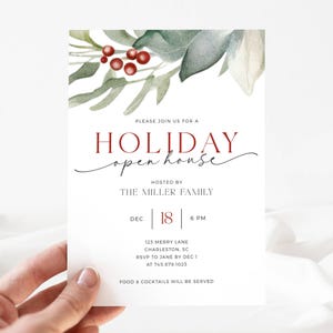 Holiday Open House Party Invitation. Watercolor Christmas Greenery and Berries. Red and Black Fonts. White Background. Print or Send Digitally. 5x7