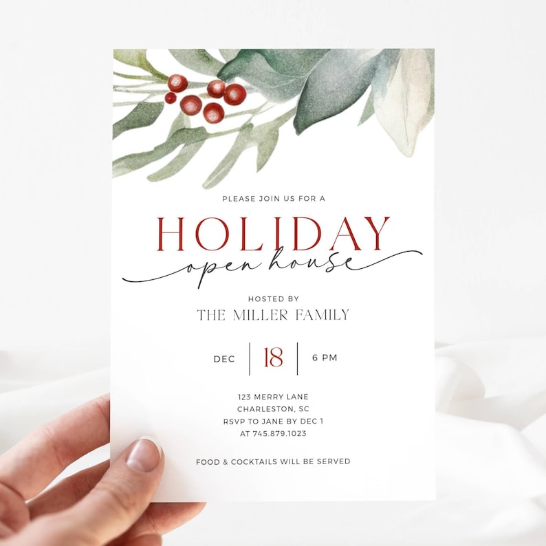 Holiday Open House Party Invitation. Watercolor Christmas Greenery and Berries. Red and Black Fonts. White Background. Print or Send Digitally. 5x7