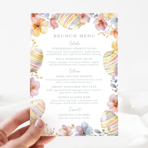 Menu del brunch di Pasqua, menu modificabile e stampabile con uova di Pasqua pastello e accenti floreali, festa di Pasqua digitale stampabile, menu di primavera, LLP213