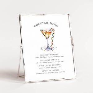 Szablon znaku menu Martini, bar na imprezę sylwestrową do wydrukowania, znak baru koktajlowego, menu drinków na imprezę świąteczną Cheers do edycji do pobrania, LLP199