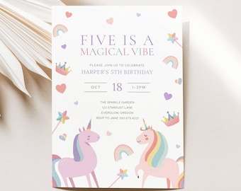 Five Is A Magical Vibe Invitation, Unicorn Birthday Invitation Five, Unicorn Rainbow 5th Digital Birthday Invitation Pastel Editable, LLP250