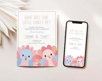 Thanksgiving Gender Reveal Party Invitation: What Will Our Little Turkey Be, Pink and Blue Turkey Design, Digital Download, LLP256