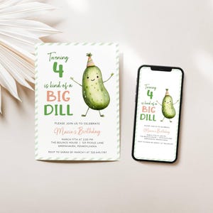 A Big Dill Pickle Theme Birthday Party Invitation. Watercolor Pickle wearing a party hat. Green, Pink and Black Fonts. White Background. Print or Send Digitally. 5x7