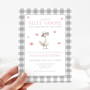 Silly Goose Baby Shower Invites Girl, Goose Baby Shower Pink Gingham, Gingham Goose Baby Shower Invite Digital Editable Template, LLP226