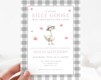 Silly Goose Baby Shower Invites Girl, Goose Baby Shower Pink Gingham, Gingham Goose Baby Shower Invite Digital Editable Template, LLP226