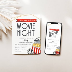 Movie Night Invitation. Join us Under the Stars. Watercolor Popcorn Tub, film roll and Clapper. Red Banner and Twinkly lights. Dark Gray Fonts and White Background. Print or send digitally. 5x7.