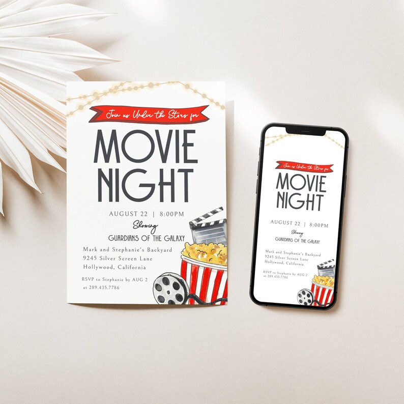 Movie Night Invitation. Join us Under the Stars. Watercolor Popcorn Tub, film roll and Clapper. Red Banner and Twinkly lights. Dark Gray Fonts and White Background. Print or send digitally. 5x7.