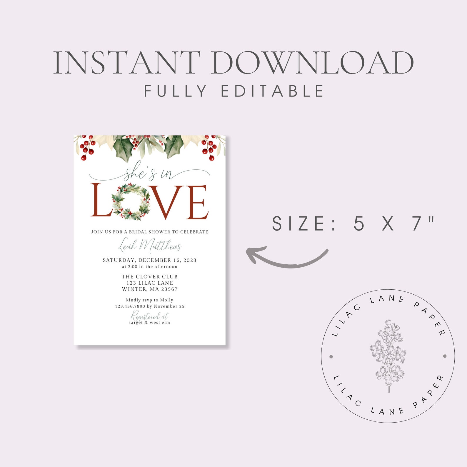 Christmas Bridal Shower Invitation, She's in Love, Holiday Shower ...