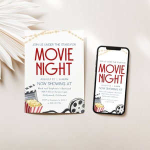 Movie Night Invitation. Join us Under the Stars. Film roll, Popcorn  and Clapper, Twinkly lights. Blue and Red Fonts and White Background. Print or send digitally. 5x7.