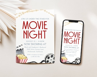 Szablon zaproszenia na imprezę filmową, Noc filmowa na podwórku, Edytowalne zaproszenie na noc filmową, Cyfrowe zaproszenie na imprezę filmową, Impreza filmowa na świeżym powietrzu, LLP101