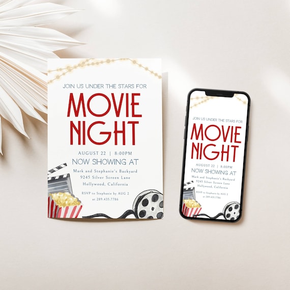 Movie Party Invitation Template, Backyard Movie Night, Movie Night Invite Editable, Movie Party Digital Invite, Outdoor Movie Party, LLP101