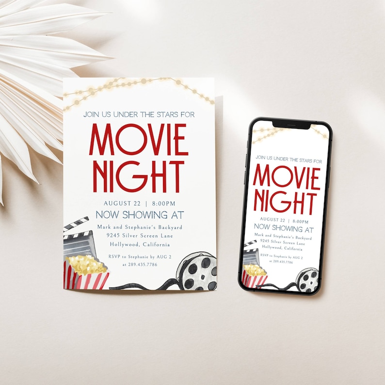 Movie Night Invitation. Join us Under the Stars. Film roll, Popcorn  and Clapper, Twinkly lights. Blue and Red Fonts and White Background. Print or send digitally. 5x7.