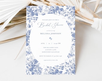 Blue Toile Bridal Shower Invitation Editable Digital Template, Something Blue Before I Do, French Chinoiserie, LLP108