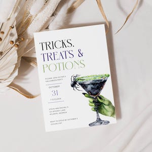 Halloween Party Invitation. Green Witch Hand Holding Martini with Spider on Rim. Black, Purple and Green Fonts. White Background. Print or Send Digitally. 5x7