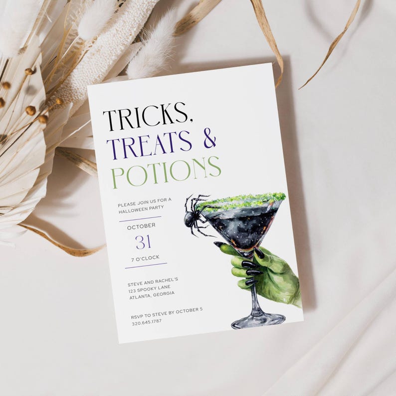 Halloween Party Invitation. Green Witch Hand Holding Martini with Spider on Rim. Black, Purple and Green Fonts. White Background. Print or Send Digitally. 5x7